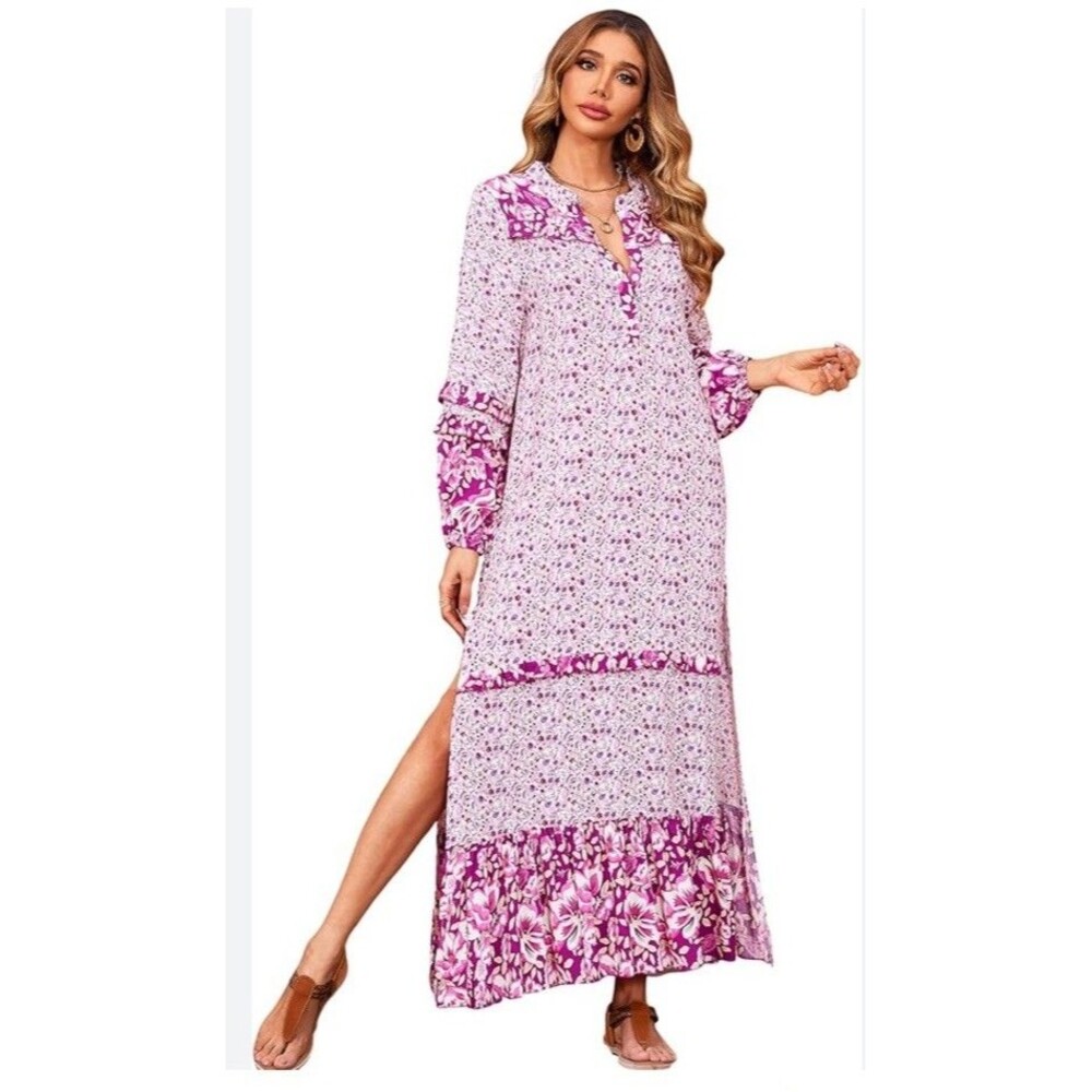 R. Vioimos Boho Maxi Dress Medium Purple Floral Paisley Tassel Tie Neck Hippie